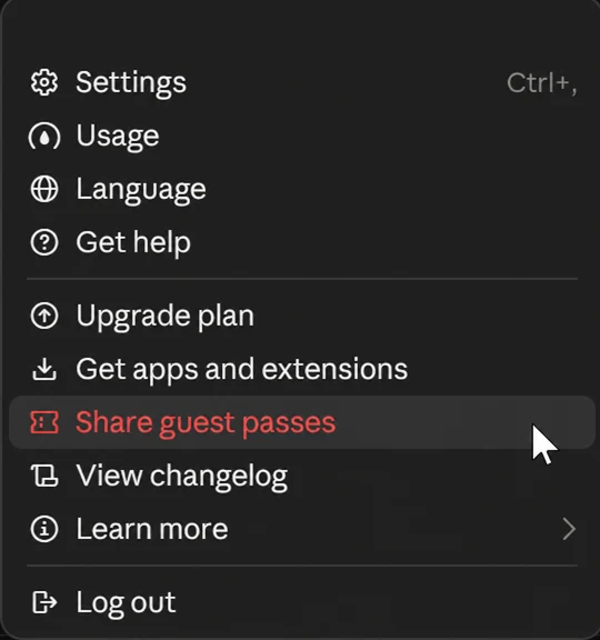 Share guest passes in the account menu. The email address was removed for privacy.