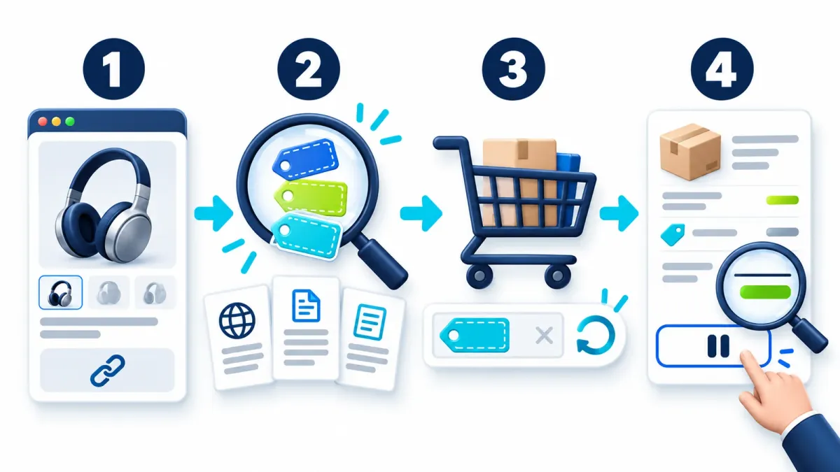 Illustrated workflow, left to right: identify the product, find candidates, test individually in the cart, then review the total before buying.