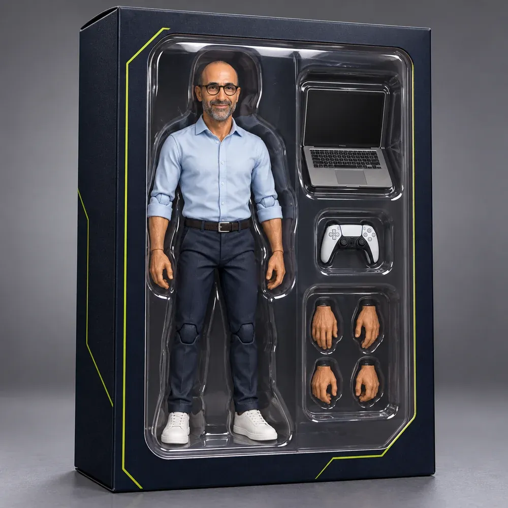 Actionfigure example: Gilad as a boxed collectible with a laptop and game controller