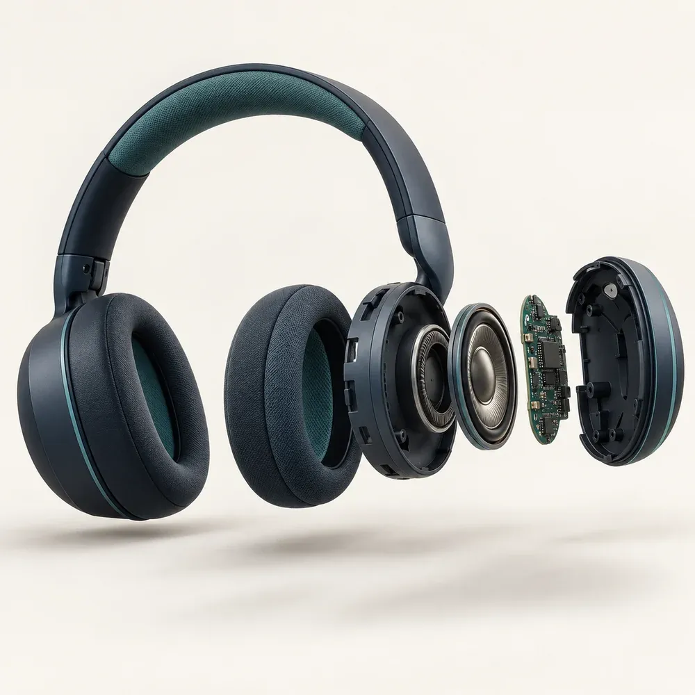 Productexplosion example: fictional headphones with the right earcup's components separated
