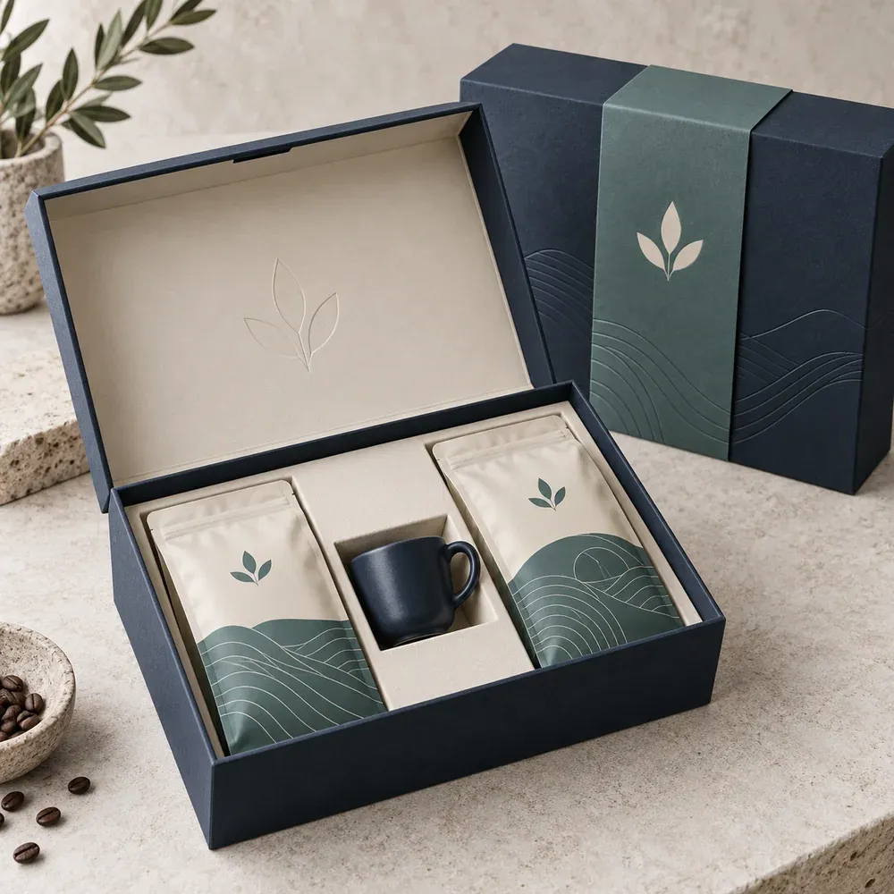 Packagingdesign example: open and closed coffee gift boxes with matching pouches and cup
