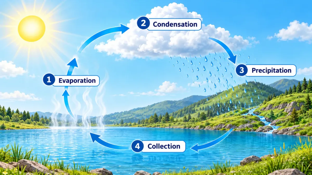 AI-generated illustration: a simplified water cycle showing evaporation, condensation, precipitation and collection. Check labels and arrows against the course material.