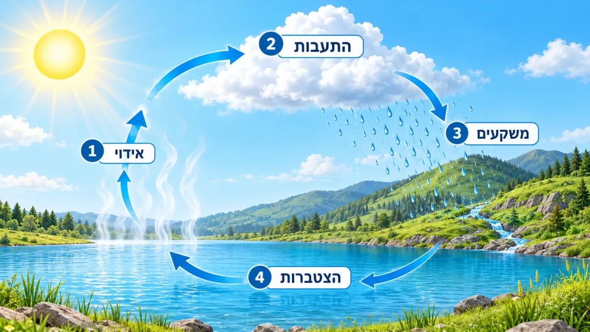המחשה שנוצרה ב־AI: מחזור מים פשוט עם אידוי, התעבות, משקעים והצטברות. בדקו את התוויות והחצים מול חומר הלימוד.