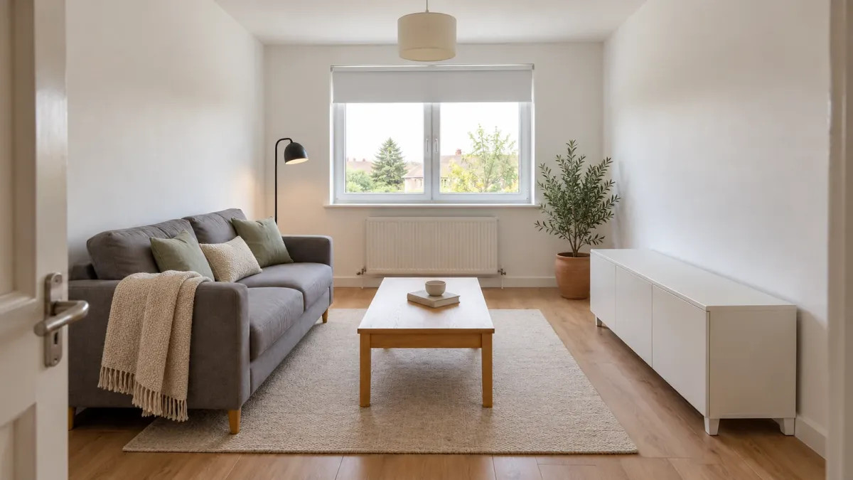 AI visualization edited from the example room: textiles, a rug, lamp and plant around existing furniture. Fit and prices still need checking.