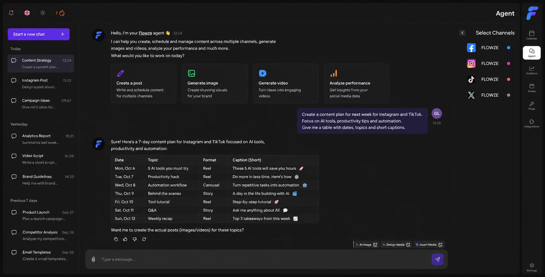 Demo agent screen with a conversation and a weekly content plan in a table