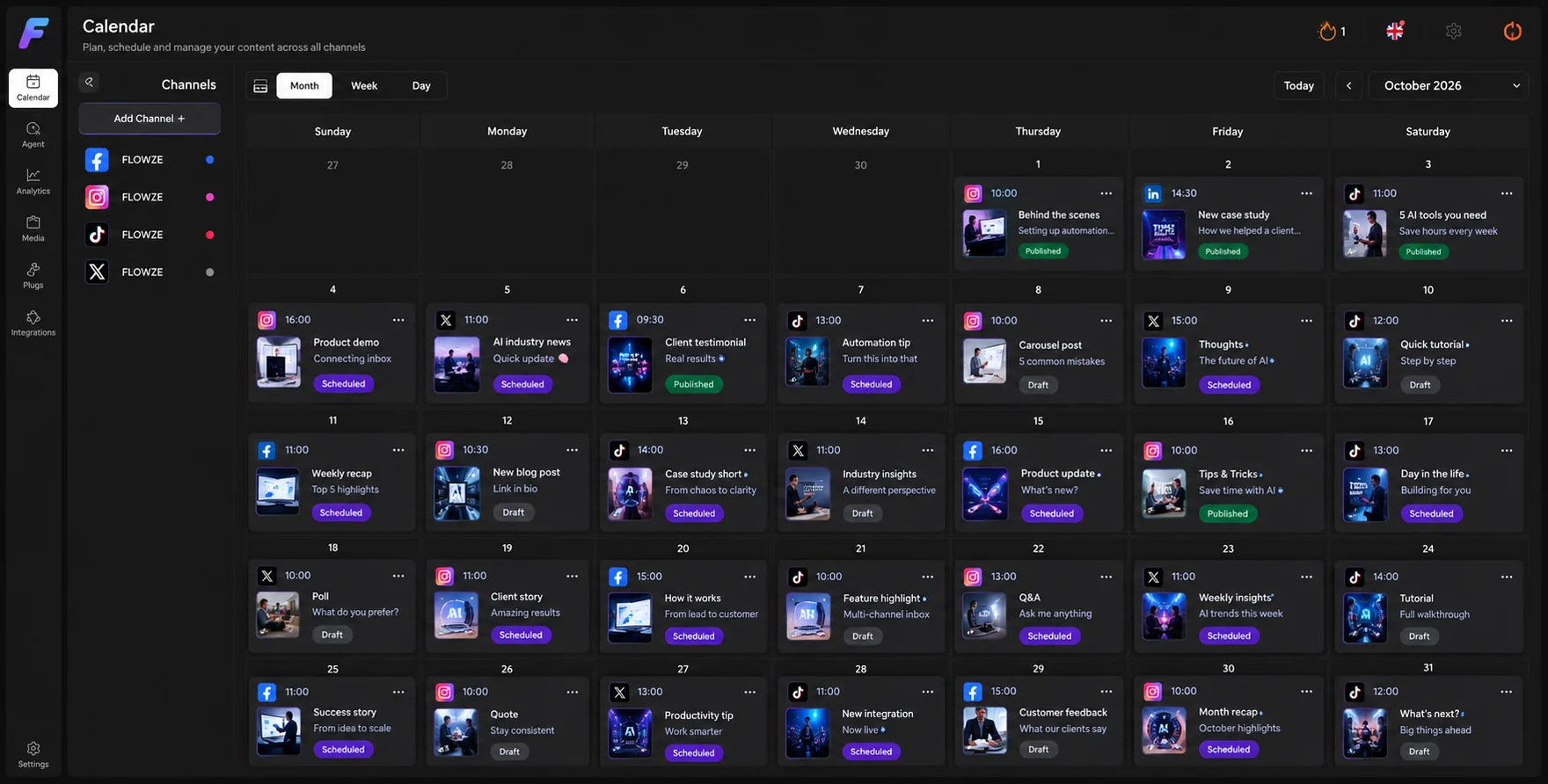 Demo monthly publishing calendar with draft, scheduled and published posts