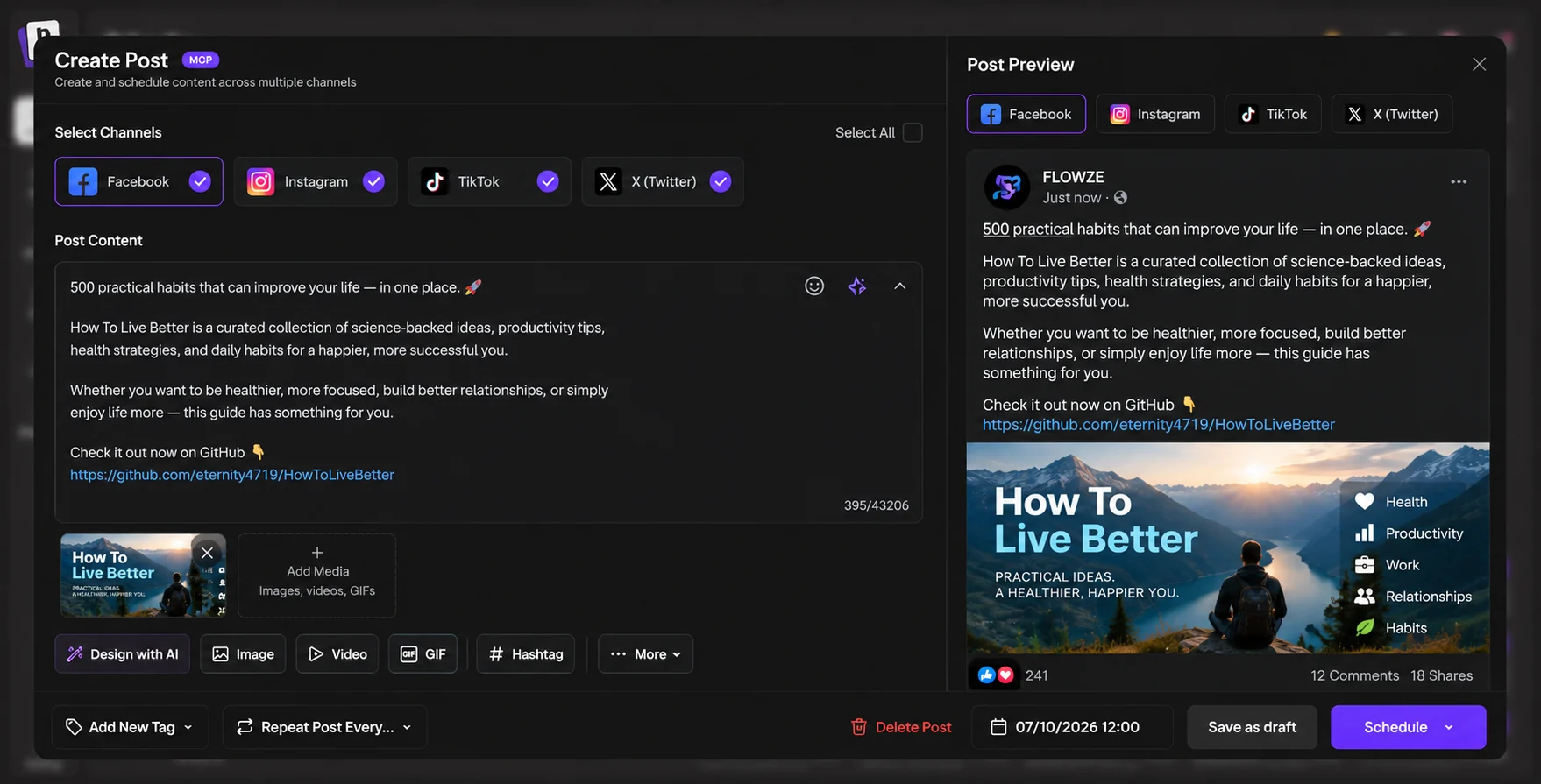 English post editor with attached media, preview, channel selection and schedule button
